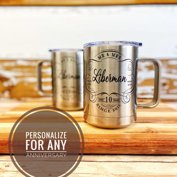 10th Anniversary Gift Personalized Stainless Steel Mug Set, Tin anniversary gift