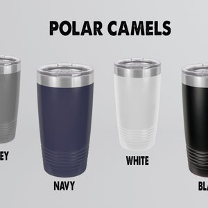 May include: Four stainless steel tumblers in different colors: grey, navy, white, and black. The tumblers have a silver lid and are labeled with their color below.