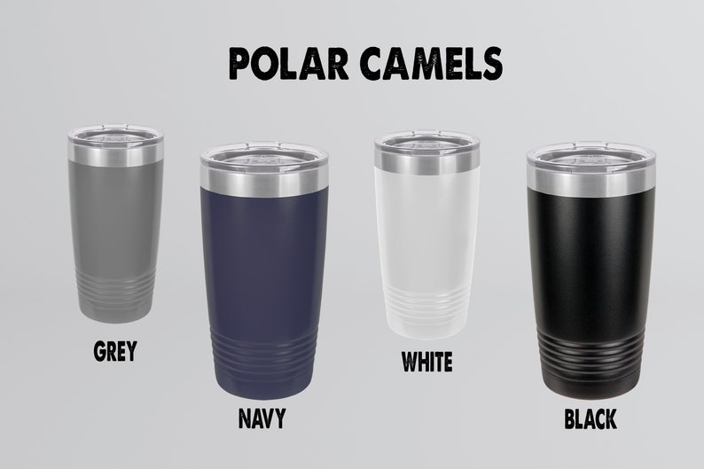May include: Four stainless steel tumblers in different colors: grey, navy, white, and black. The tumblers have a silver lid and are labeled with their color below.