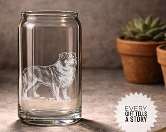 Australian Shepherd Dog Glass | Custom dog name engraved glassware - personalized drinkware for pet owners.