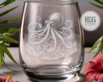 Ocean Octopus Glassware | Personalized Marine Life Gift, Engraved Whiskey Wine Beer Tea Drinkware for Sea Scuba Lover