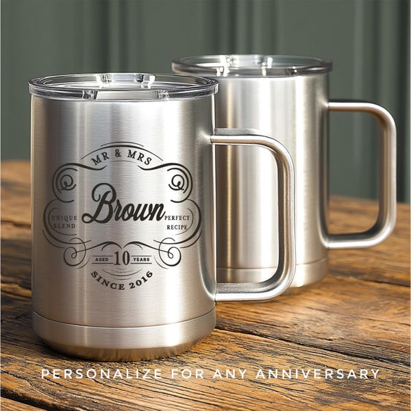 10th Anniversary Gift Personalized Stainless Steel Mug Set Tin anniversary gift