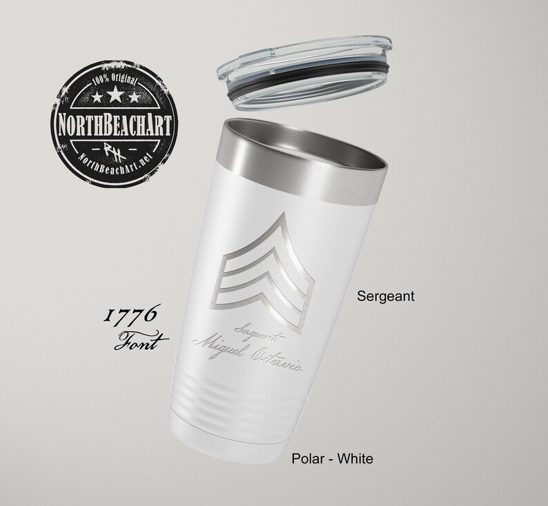 May include: White stainless steel tumbler with a silver lid. The tumbler has a silver chevron design and the text "Sergeant Miguel Otero" and "1776 Font".