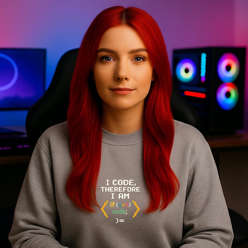 Peut inclure: Une femme aux longs cheveux roux porte un sweat-shirt gris. Le sweat-shirt affiche le texte "I CODE, THEREFORE I AM" avec un extrait de code. Un &eacute;cran d'ordinateur et une tour avec des lumi&egrave;res color&eacute;es sont en arri&egrave;re-plan.