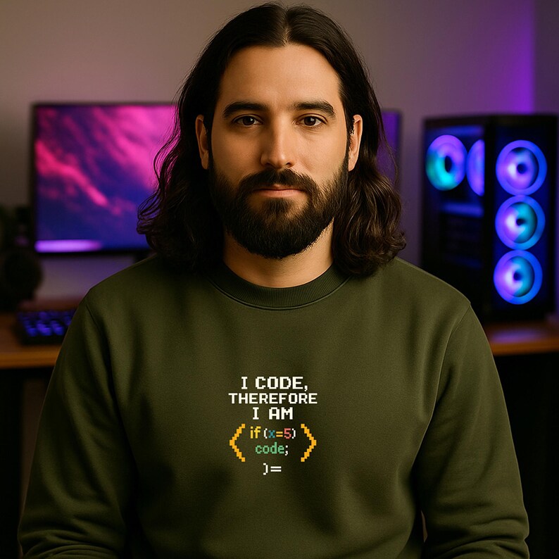 Peut inclure: Un sweat-shirt vert fonc&eacute; avec le texte "I CODE, THEREFORE I AM" et des extraits de code. Le sweat-shirt est port&eacute; par une personne aux cheveux longs et fonc&eacute;s et &agrave; la barbe. Un &eacute;cran d'ordinateur et une tour sont en arri&egrave;re-plan.