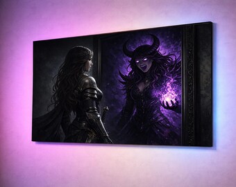 Dark Mirror Fantasy Poster – Gothic Demon Reflection Wall Art – Dark Fantasy Art Print – RPG Gamer Decor – Geschenk für Nerds + Geeks