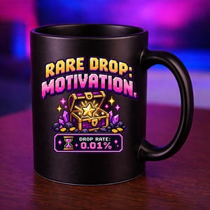 Könnte beinhalten: Ein mattschwarzer Keramikbecher mit einer farbenfrohen Pixel-Art-Grafik. Das Design zeigt eine Schatztruhe mit einem leuchtenden Stern, violetten Kristallen und dem Text RARE DROP: MOTIVATION. Darunter befindet sich ein Feld mit DROP RATE: 0.01%.