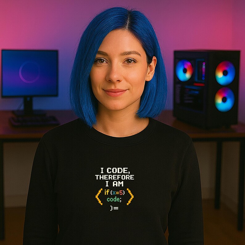 Peut inclure: Un sweat-shirt noir avec le texte "I CODE, THEREFORE I AM" en police jaune et verte pix&eacute;lis&eacute;e. Le sweat-shirt est port&eacute; par une personne aux cheveux bleus, devant un ordinateur et un ordinateur de bureau.