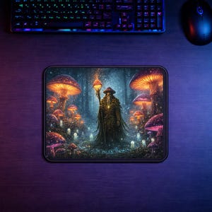 Könnte beinhalten: Rechteckiges Mauspad mit einer Fantasy-Szene eines Zauberers, der einen Stab hält, umgeben von leuchtenden Pilzen. Die Farbpalette umfasst Orange-, Lila- und Grüntöne und erzeugt eine bezaubernde Atmosphäre. Eine Tastatur und eine Maus sind im Hintergrund zu sehen.