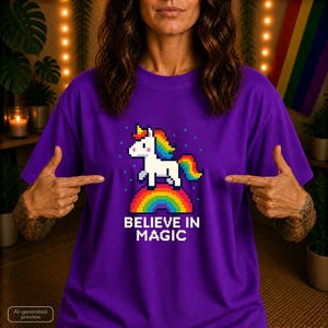 Könnte beinhalten: Ein violettes T-Shirt mit einer Pixel-Art-Grafik eines weißen Einhorns mit regenbogenfarbener Mähne und Schweif, das auf einem Regenbogen steht. Unter der Grafik steht der Text BELIEVE IN MAGIC in weißen, verpixelten Großbuchstaben.