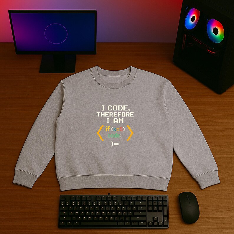 Peut inclure: Un sweat-shirt gris avec le texte "I CODE, THEREFORE I AM" et un graphique de code. Le sweat-shirt est pos&eacute; sur une surface en bois avec un &eacute;cran d'ordinateur, un clavier, une souris et une tour d'ordinateur en arri&egrave;re-plan.