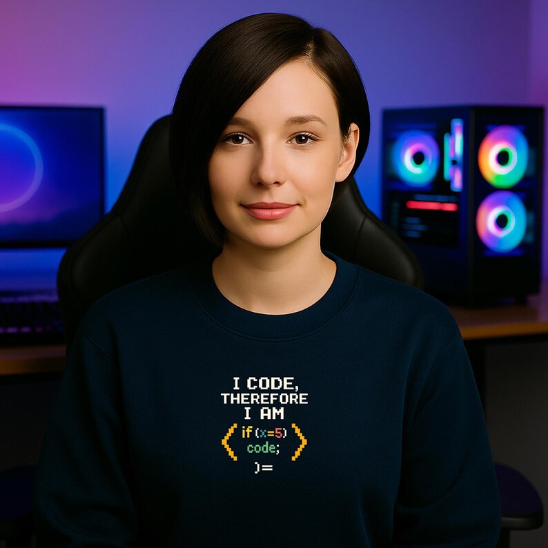 Peut inclure: Un sweat-shirt bleu marine avec le texte "I CODE, THEREFORE I AM" et un extrait de code. Le code se lit "if (x=5) code; )=". La personne sur l'image est assise sur une chaise noire avec un ordinateur en arri&egrave;re-plan.