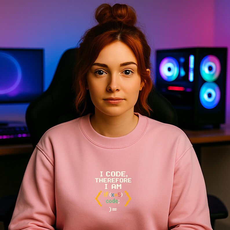 Peut inclure: Un sweat-shirt rose avec le texte "I CODE, THEREFORE I AM" et des symboles de code. Le sweat-shirt est port&eacute; par une personne aux cheveux roux. Un ordinateur et un moniteur sont visibles en arri&egrave;re-plan.