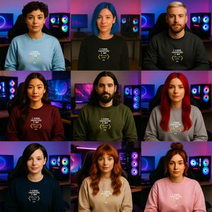 Peut inclure: Neuf personnes portant des sweat-shirts avec l'inscription "I CODE, THEREFORE I AM". Les sweat-shirts sont de couleurs vari&eacute;es : bleu clair, noir, vert fonc&eacute;, bordeaux, gris, marine, beige et rose. Chaque personne est devant une configuration informatique avec des lumi&egrave;res.