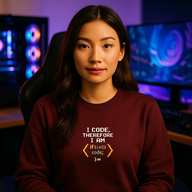Peut inclure: Un sweat-shirt bordeaux avec le texte "I CODE, THEREFORE I AM" et un extrait de code. Le code se lit "if (x=5) code; )=". Le sweat-shirt est port&eacute; par une personne dans une configuration de jeu.