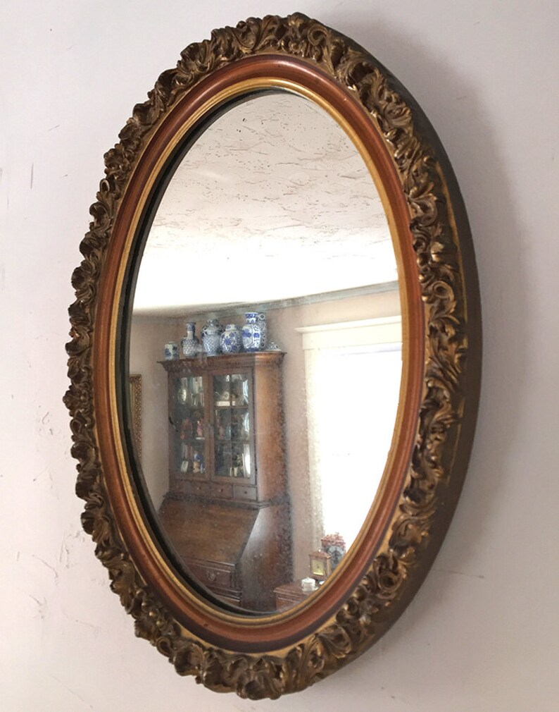 Carved Gold Gilt Oval Mirror With Wooden Detailed Frame 19 X 14 3 4