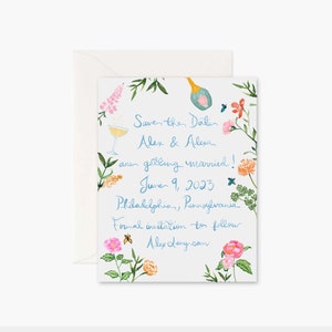 Tarjeta de boda personalizada con acuarela ilustrada y lugar para guardar la fecha