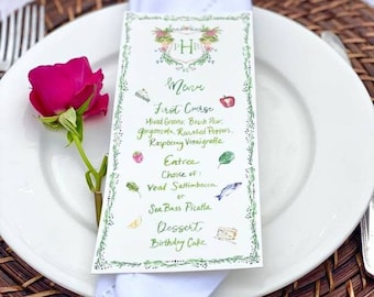 Cardápio de casamento personalizado em aquarela, Cardápio de evento em aquarela, Cardápio de jantar de ensaio, Cardápio de jantar de recepção em aquarela, Cartões de lugar de menu personalizados