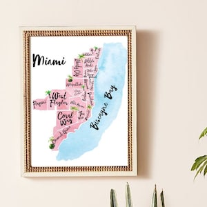 Illustrierte Karte von Miami, FL Aquarell Druck