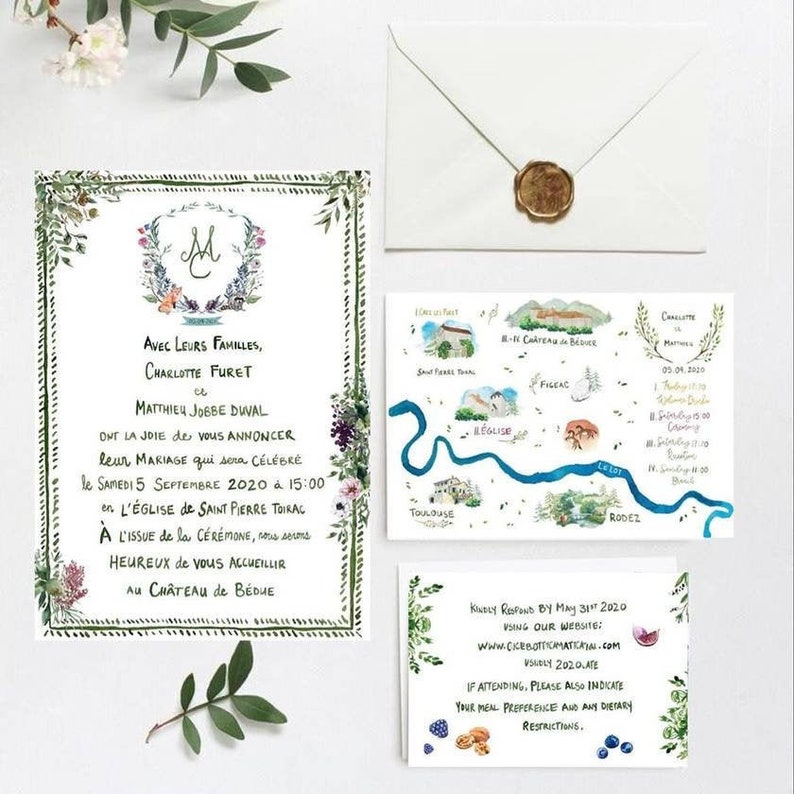 Watercolor Stationery or Invitation Suite for Wedding or Event / Watercolor Garden Floral Custom Wedding Suite 画像 3