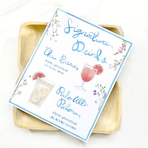 Watercolor Signature Cocktail Menu Sign, Custom Event Drink Sign, Drinks Sign, Wedding Cocktail Sign, Garden Party Mocktail Sign, Bar Menu