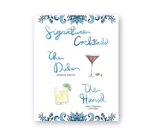 Watercolor Signature Cocktail Menu Sign, Custom Event Drink Sign, Drinks Sign, Wedding Cocktail Sign