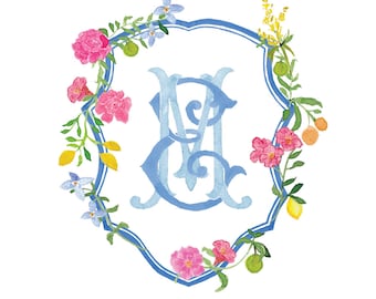 Brasão personalizado em aquarela pintado à mão, brasão de casamento, artigos de papelaria para eventos, brasão para convites de casamento, monograma em aquarela, artigos de papelaria em aquarela