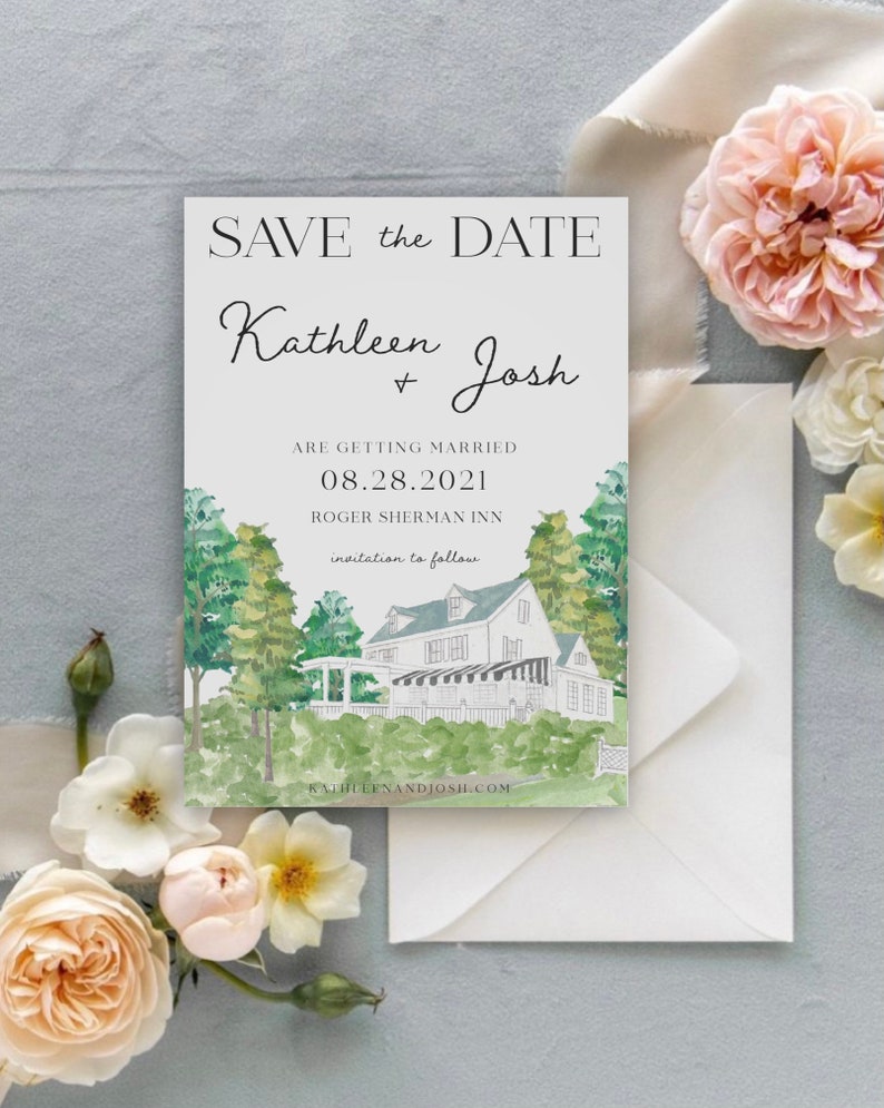 Custom Illustrated Watercolor Wedding Save the Date with Venue image 2