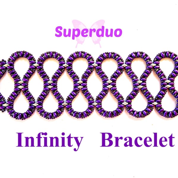 Tutorial Superduo Infinity Bracelet Pattern in 2 hole Super Duo Twin beads and Seed Beads.  Original Design by Butterfly Bead Kits