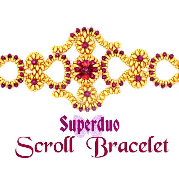 Tutorial Superduo Scroll Bracelet Pattern in 2 hole Super Duo Twin beads and Seed Beads.  Original Design by Butterfly Bead Kits