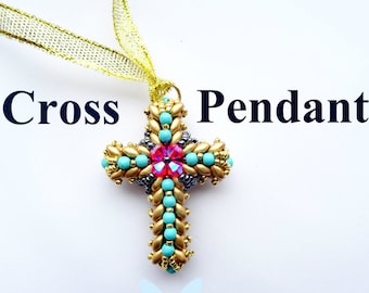 Tutorial Superduo Cross Pendant. Super Duo Rosary. Beaded Cross. Instant Pattern Download. Original design by Butterfly Bead Kits