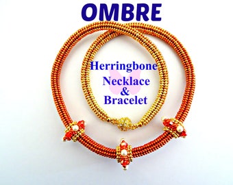 Tutorial Ombre Herringbone Necklace and Bracelet Pattern. Color shading bead rope and Sliders. Graduating colours Instant Pattern Download .