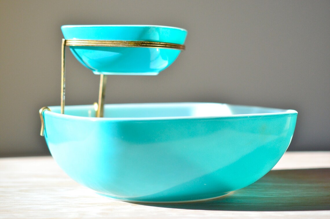 Rare Vintage Pyrex Chip & Dip Square Aqua Bowls Two Tier Etsy