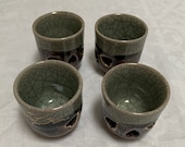 Vintage Japanese Somayaki Unique Green Double Wall Punch Sake Cups or Mugs Set of 4