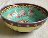 Oriental Vintage Chinese Longevity Happiness Yellow Ground Outside Turquoise Ground Inside Pottery Rice Bowl