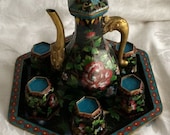 Chinese Antique Export Enameled Cloisonne Octagon Teaset With Covered Pot 6 Cups and Tray