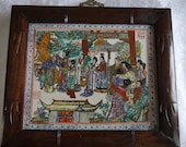 Chinese Antique Famille Verte Rose Porcelain Plaque Figurine Figure Wooden Frame