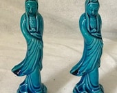 A Pair Of 7 quot Antique Chinese Turquoise Blue Porcelain Statues Figurines Quan Yin