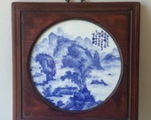 Chinese Framed Circular Blue and White Porcelain Plaque Mountain Landscape