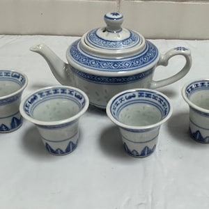 Traditional Vintage Chinese Blue and White Rice Pattern Mini tea set