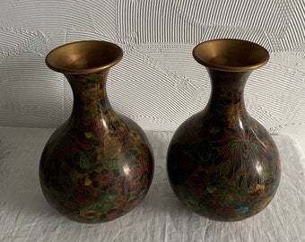 A Pair of Chinese Cloisonne vases with floral decoration with hardstone Multi Brown flowers