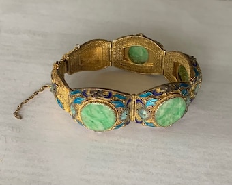 Vintage Chinese Export Sterling Silver Jadeite and Filigree Enamel Bracelet