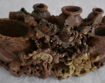 Exquisite Antique Chinese Soapstone Carving With 5 Decorative Water Urns