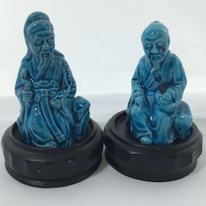 Pair Of Antique Chinese Turquoise Blue Porcelain Statues Figurines