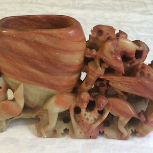Figural Chinese Vintage Carved Soapstone Vase Birds Animals Monkeys