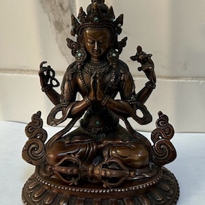 Asian Antique Double Lotus Dragon Carving Copper Khercheri Statue imagem 1