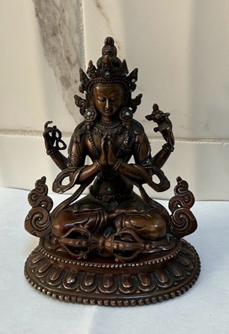 Asian Antique Double Lotus Dragon Carving Copper Khercheri Statue image 1