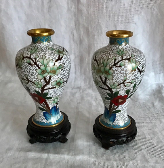A Pair Of Chinese Beautiful Vintage Cloisonne Enamel Vases Etsy