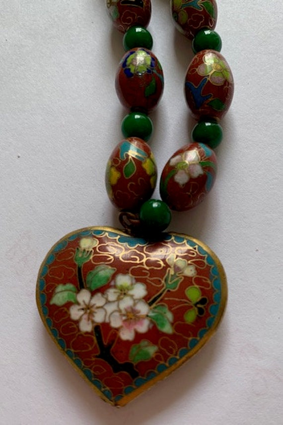 Chinese Antique Cloisonne Bead Red Floral Necklac… - image 2