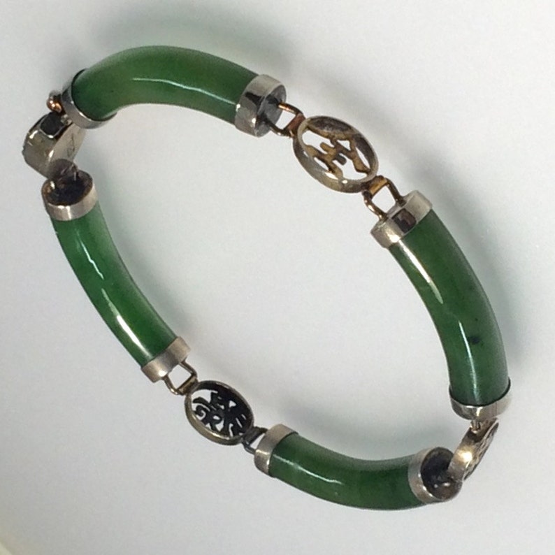 Antique Sterling Silver Fine Quality Jade Link Bracelet With Chinese